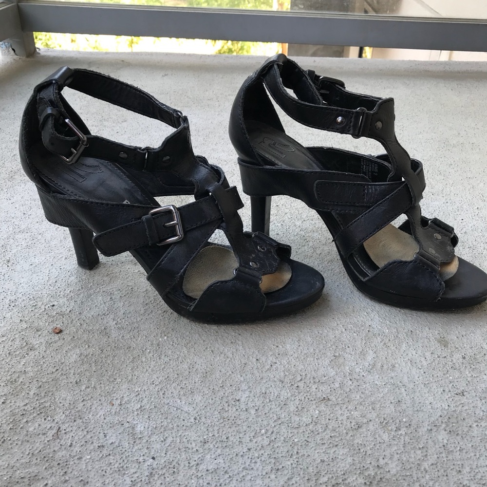 Black leather strappy heels
